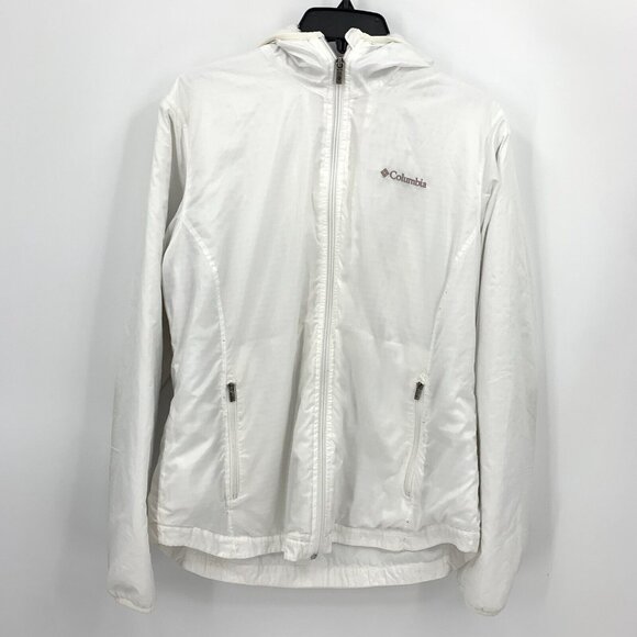 Columbia White Faux Fur Line Jacket Hooded Full Zip Zip Pockets women's L - Picture 1 of 6